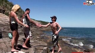 Petite blonde thot double penetrated into an outdoors 3 way