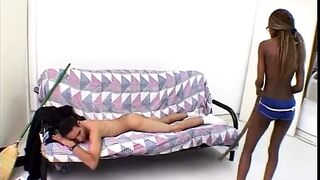 Young skinny african Hot with golden hair plowed with strap-on