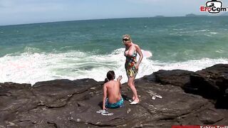 Outdoors lesbo sex with a big titted blonde and a dark haired thot