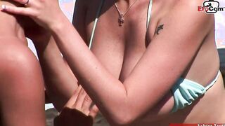 Outdoors lesbo sex with a big titted blonde and a dark haired thot