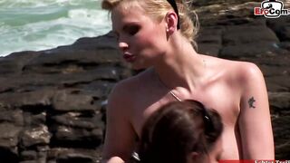 Outdoors lesbo sex with a big titted blonde and a dark haired thot