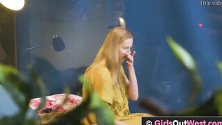 Adorable blonde teenie fingered her unshaved twat at home