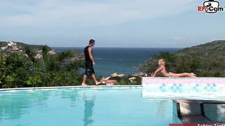 Slim blonde teenagers with tiny jugs assfucked inside the pool