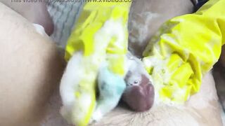beauty housewife washes my penis while cleaning