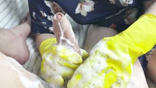 beauty housewife washes my penis while cleaning