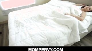 Dark Haired big boobed Stepmom Cougar blows and fucks Stepson on the bed point of view