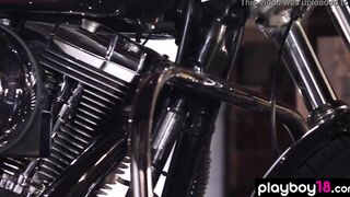 Long boobed biker Bombshell Jaclyn Swedberg stripping on a chopper