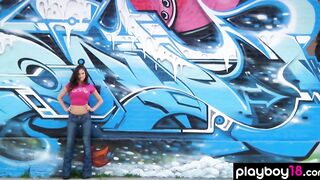 Long boobed biker Bombshell Jaclyn Swedberg stripping on a chopper