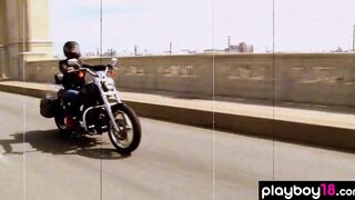 Long boobed biker Bombshell Jaclyn Swedberg stripping on a chopper