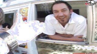 Blonde teenagers with tiny titties wears a skirt and gets pick up
