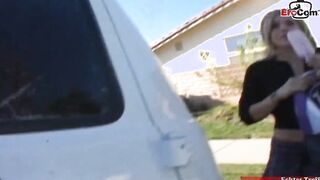 Blonde teenagers with tiny titties wears a skirt and gets pick up