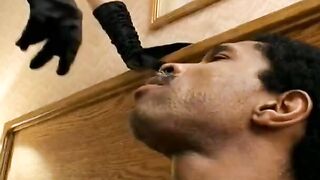 Older lady inside leather outfitmakes ebony man