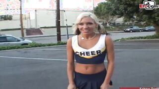 Slender blonde cheerleader teens pick up for sex inside a vehicle