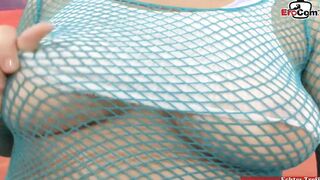 Curvy blonde with natural hooters into a casting with oil