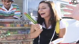 Dark Haired teens with tiny natural melons screwed inside a vehicle