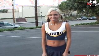 Thin blonde cheerleader barely legal pick up for sex into a vehicle