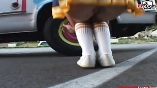 Thin blonde cheerleader barely legal pick up for sex into a vehicle
