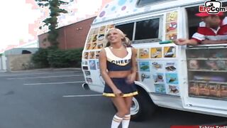 Thin blonde cheerleader barely legal pick up for sex into a vehicle
