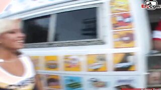 Thin blonde cheerleader barely legal pick up for sex into a vehicle