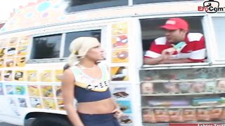 Thin blonde cheerleader barely legal pick up for sex into a vehicle