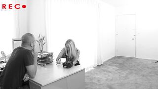 Blonde scarred 19 yo does a big penis casting and fisting