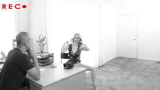 Blonde scarred 19 yo does a big penis casting and fisting