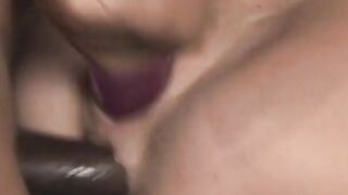 Vulgar white whore riding ebony penis while getting a sex toy up