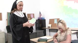 Thot eating nun's vagina on the table and finger fuck her pussy