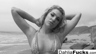 Dahlia gets erotic and squirts all over the beach