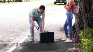 Pickedup beauty sucking off stiff shaft into point of view during public sex