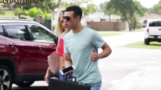 Pickedup beauty sucking off stiff shaft into point of view during public sex