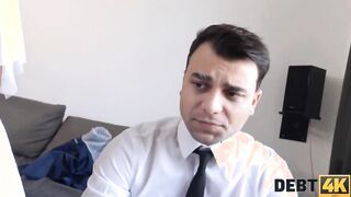 DEBT4k. Curly blonde is Enjoying sex while cuckold groom is watching