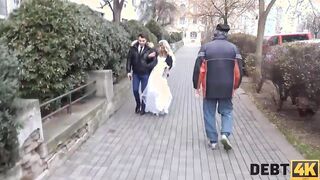 DEBT4k. Curly blonde is Enjoying sex while cuckold groom is watching