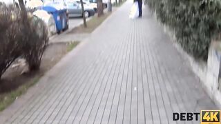 DEBT4k. Curly blonde is Enjoying sex while cuckold groom is watching