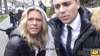 DEBT4k. Curly blonde is Enjoying sex while cuckold groom is watching