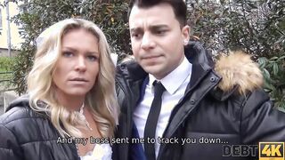 DEBT4k. Curly blonde is Enjoying sex while cuckold groom is watching