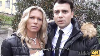 DEBT4k. Curly blonde is Enjoying sex while cuckold groom is watching
