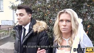 DEBT4k. Curly blonde is Enjoying sex while cuckold groom is watching