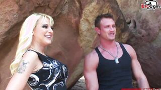 Blonde Cougar with huge titted fucks with a long dick public