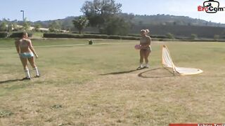 Natural boobies girls banged with sex toys into a lesbo foursome
