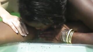 Interracial lesbians having fun into pool