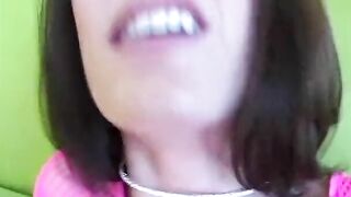 Leggy skinny dark haired lowers her pussy onto penis as second guy