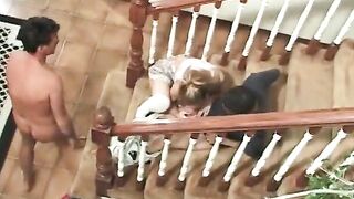 Blond 18 year old doing double penetration on stairs