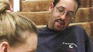 Blond 18 year old doing double penetration on stairs