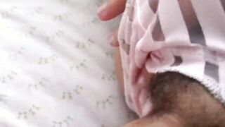 Alone on the bed making snatch enjoy with sex dildo and finger fucked