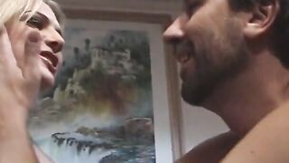 Foxy blond puma fingercuffed and double penetration'd on the couch
