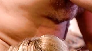 Blonde with fake boobs seduces fat guy and drinks her juices