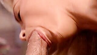 Blonde with fake boobs seduces fat guy and drinks her juices