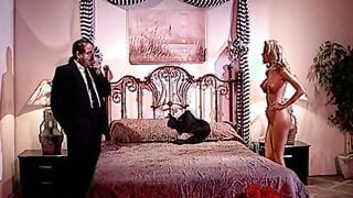 Blonde with fake boobs seduces fat guy and drinks her juices