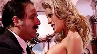 Blonde with fake boobs seduces fat guy and drinks her juices